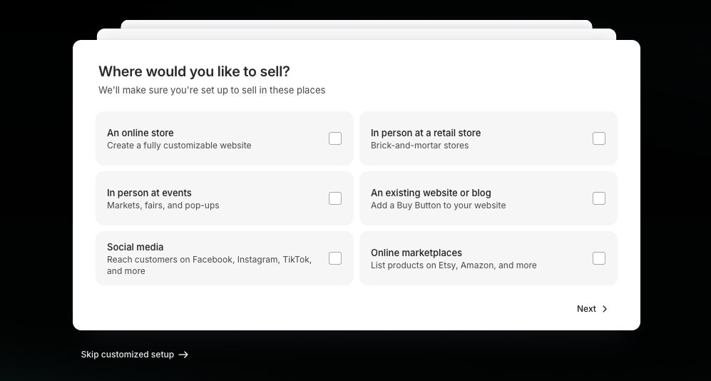 Choosing Shopify store setup settings