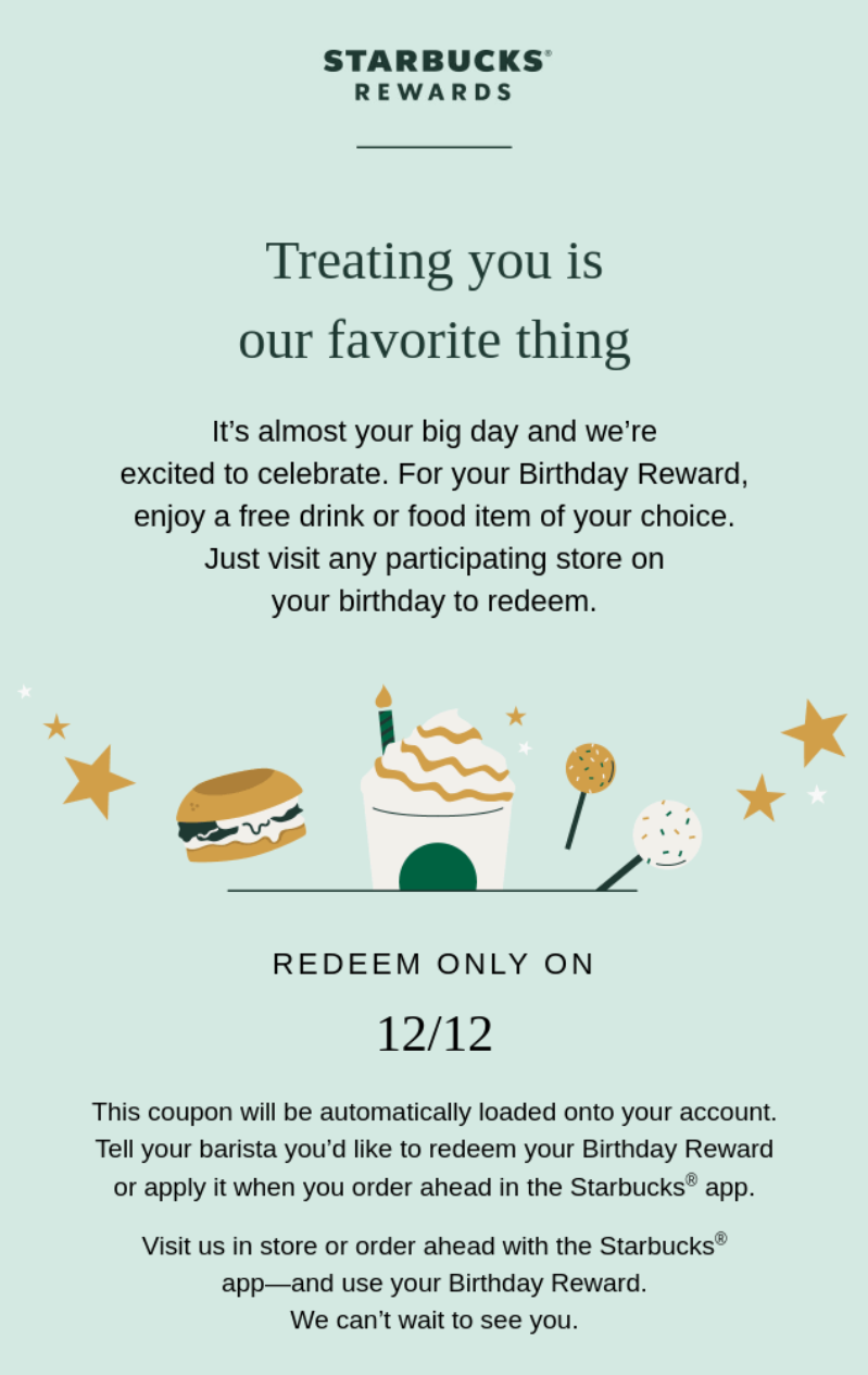Starbucks automated birthday reward email example