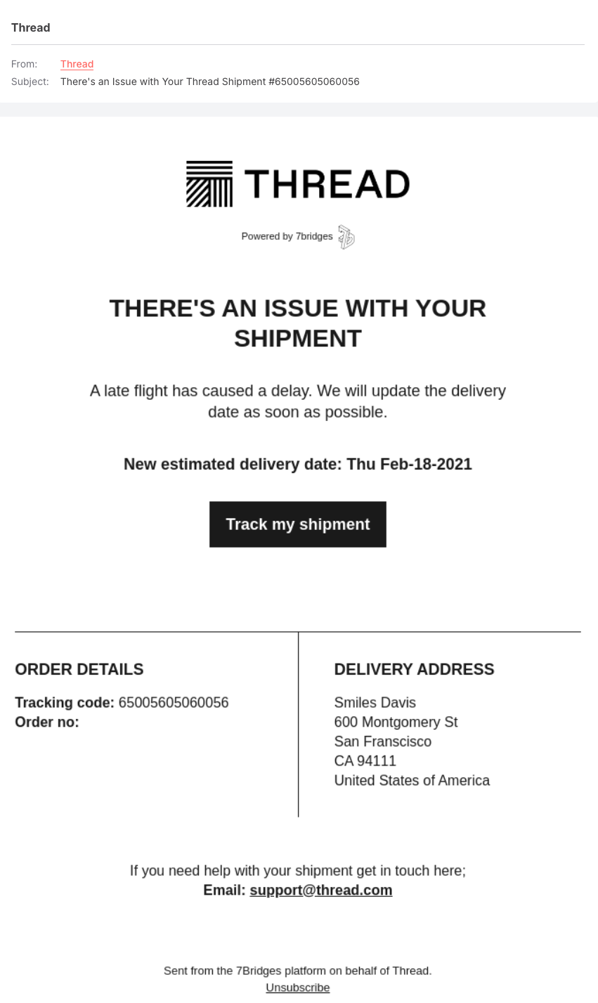 Thread shipping delay email subject line example