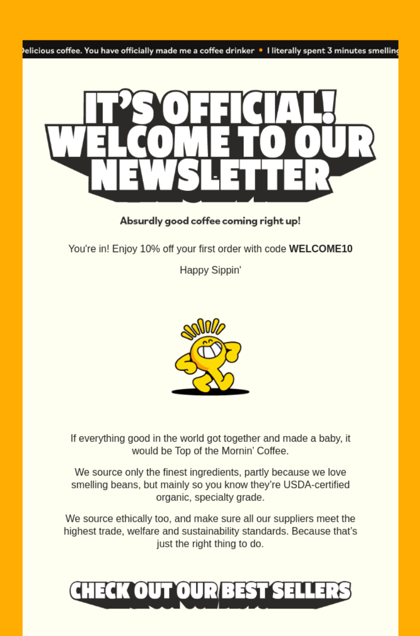 Top of the Mornin' Coffee's thank you for signing up email example