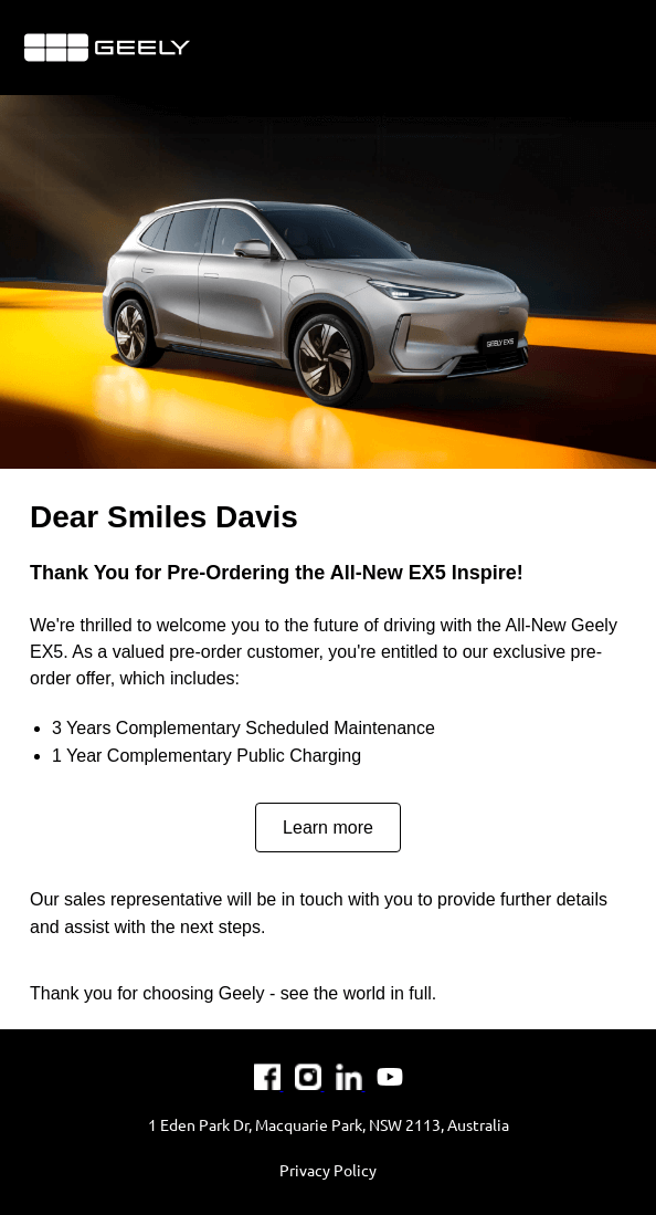 Pre-order confirmation email from Geely