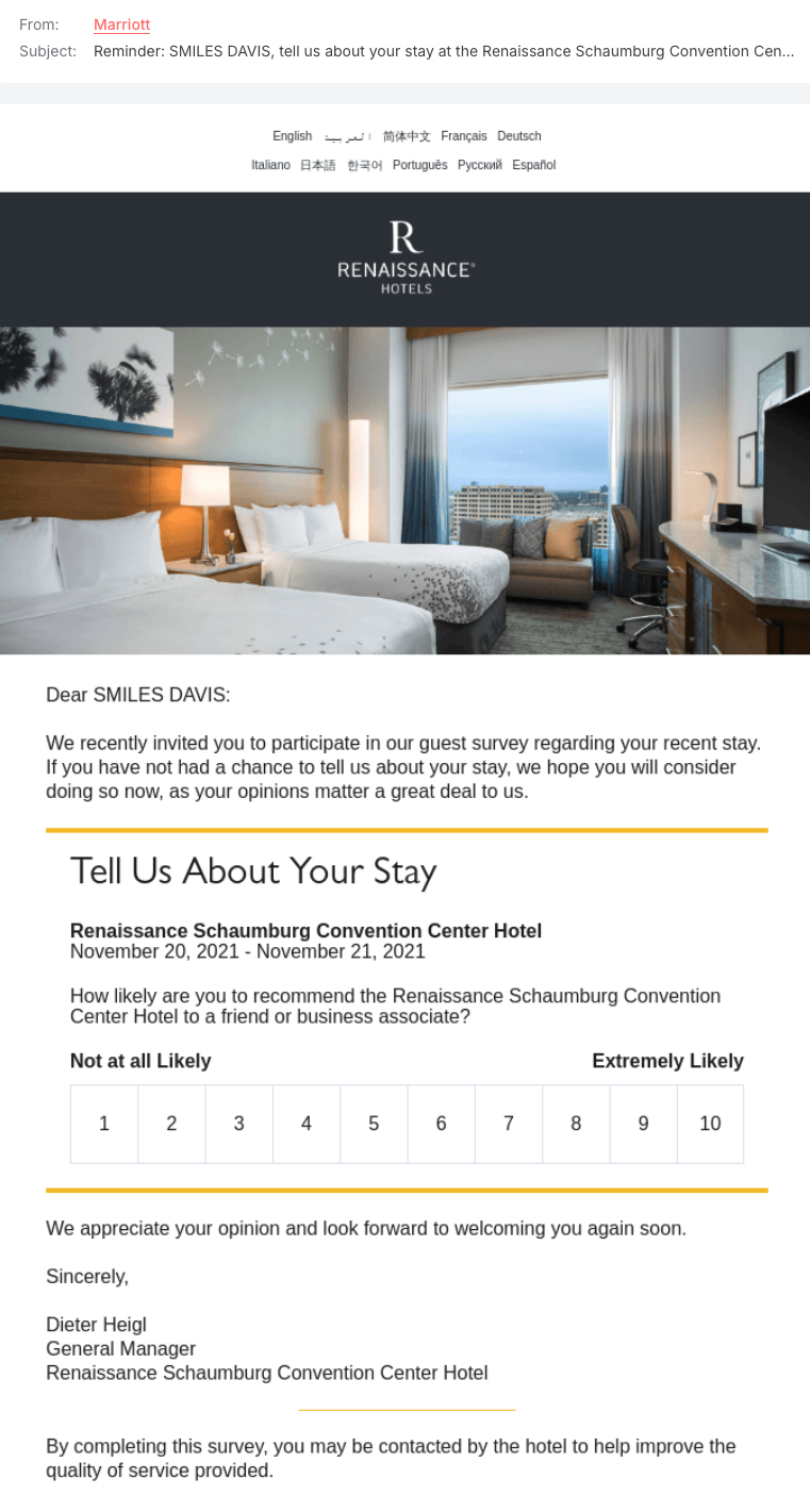 Marriot survey reminder email