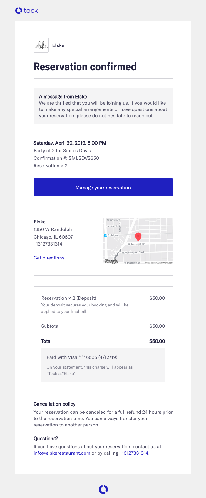 Booking confirmation email from Tock