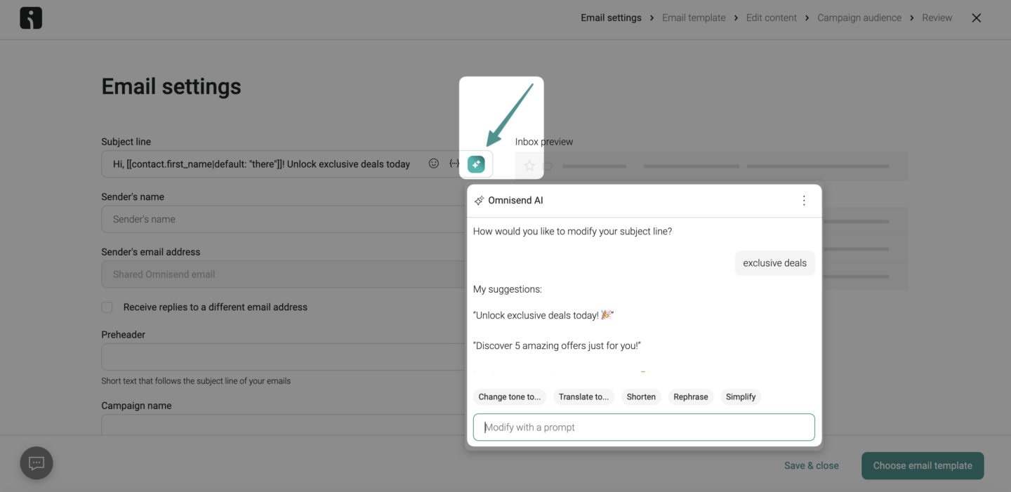 Omnisend AI subject line generator