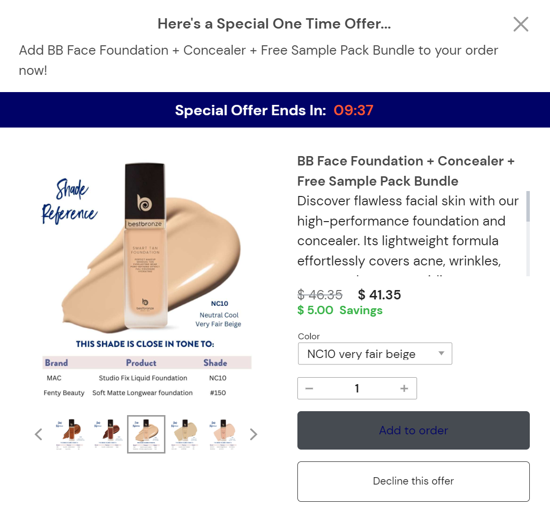 One-click upsell example from Best Bronze