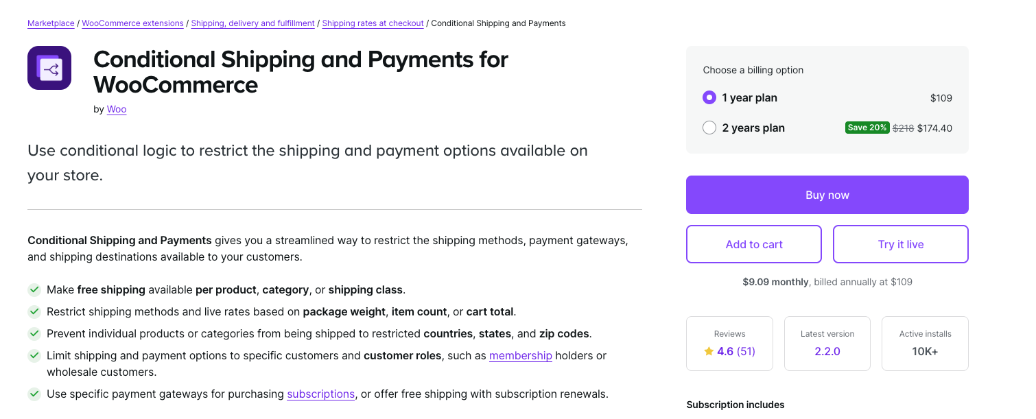 Conditional Shipping and Payments for WooCommerce page