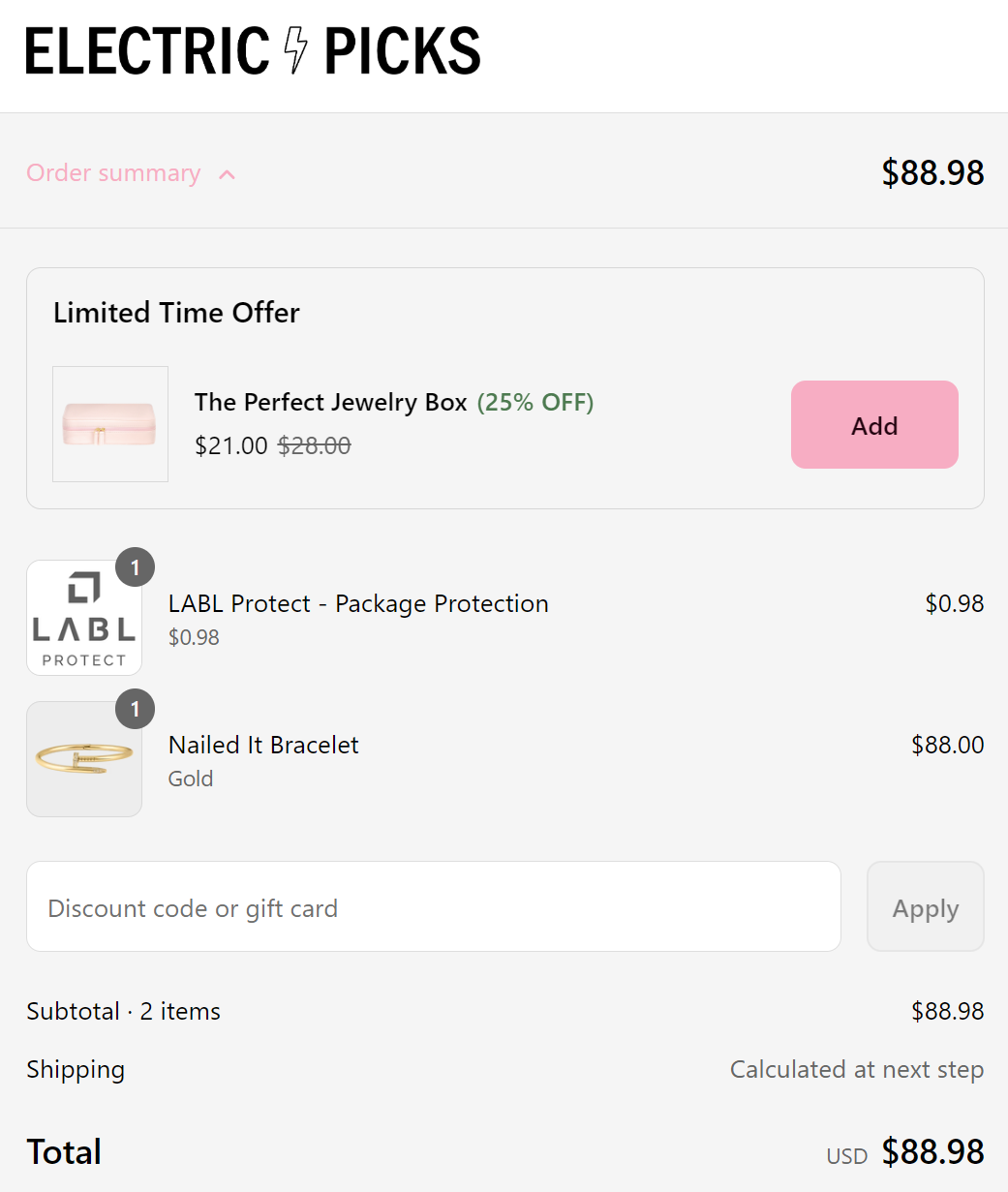 Checkout page upsell example from Electronic Picks Jewelry
