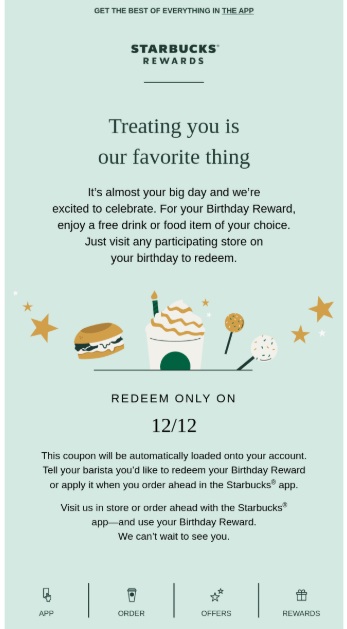 Email segmentation example | Starbucks’ birthday email