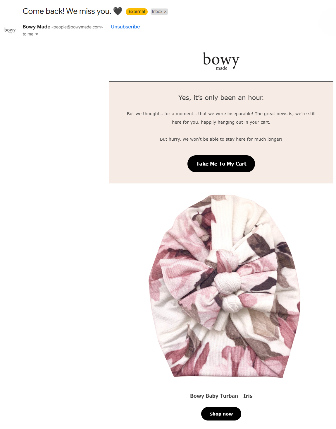Email segmentation example | Bowy Made’s cart abandonment email
