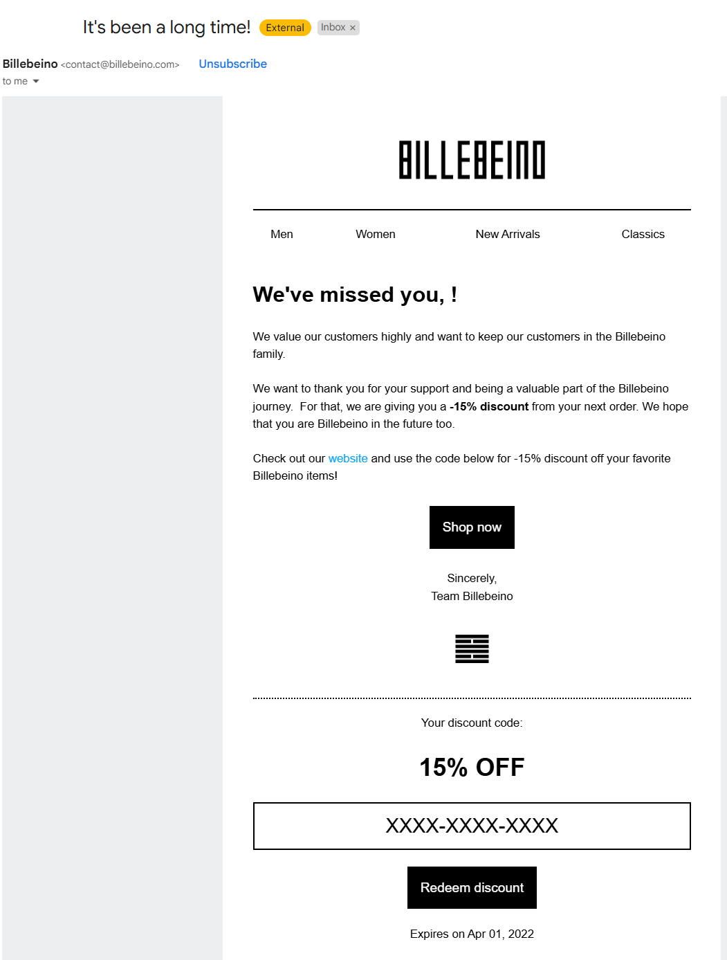 Email segmentation | Billebeino’s re-engagement email