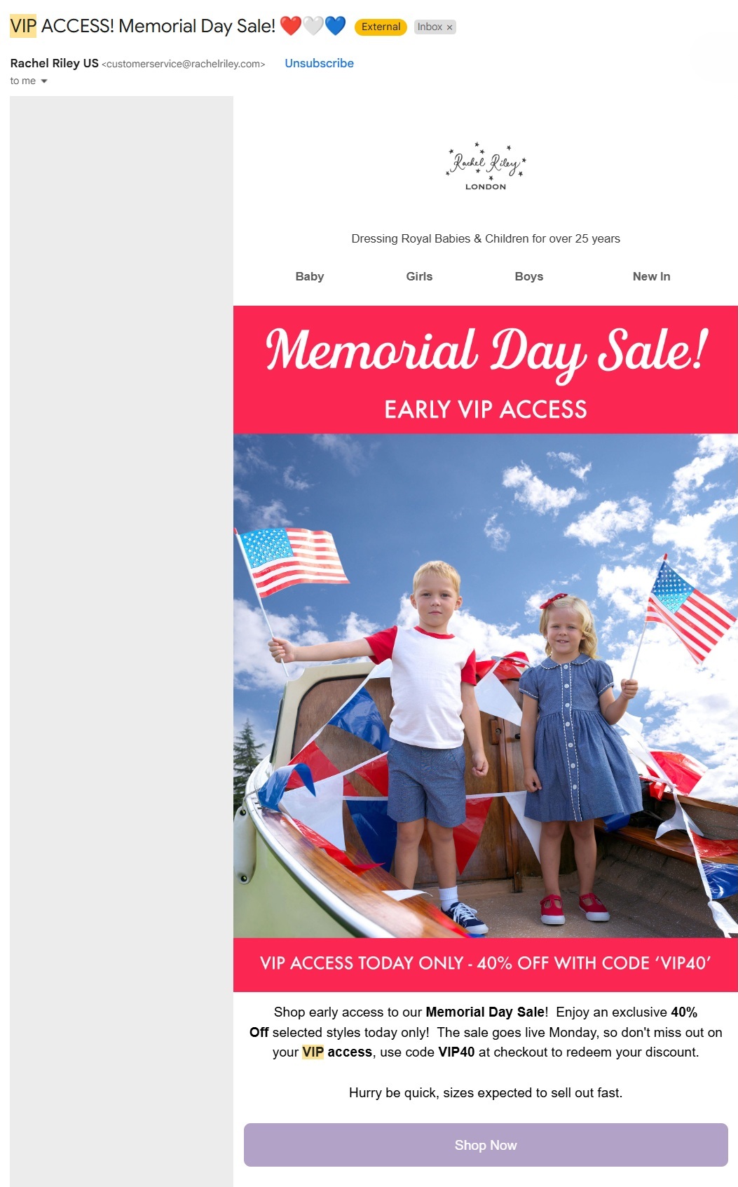 Email segmentation example | Rachel Riley’s VIP engagement email