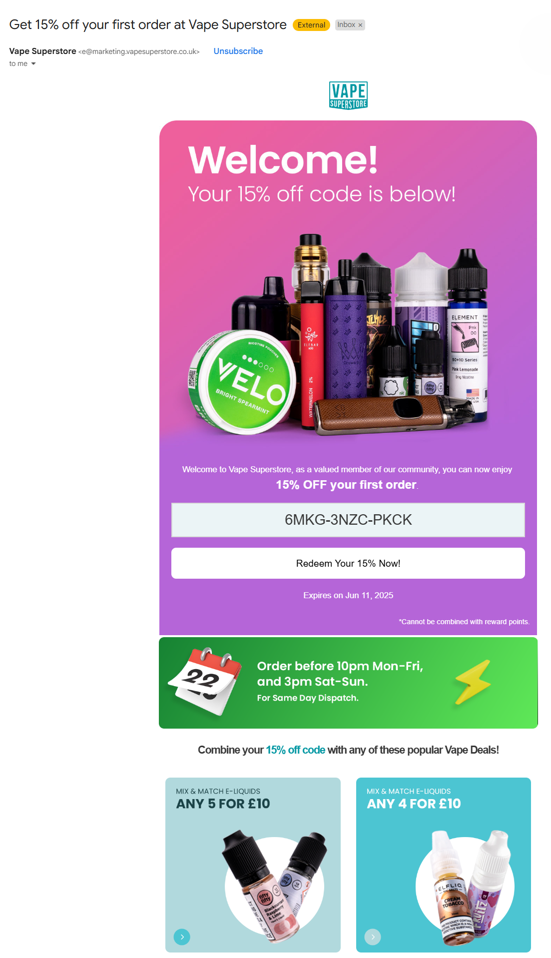 Email segmentation example | Vape Superstore’s welcome email