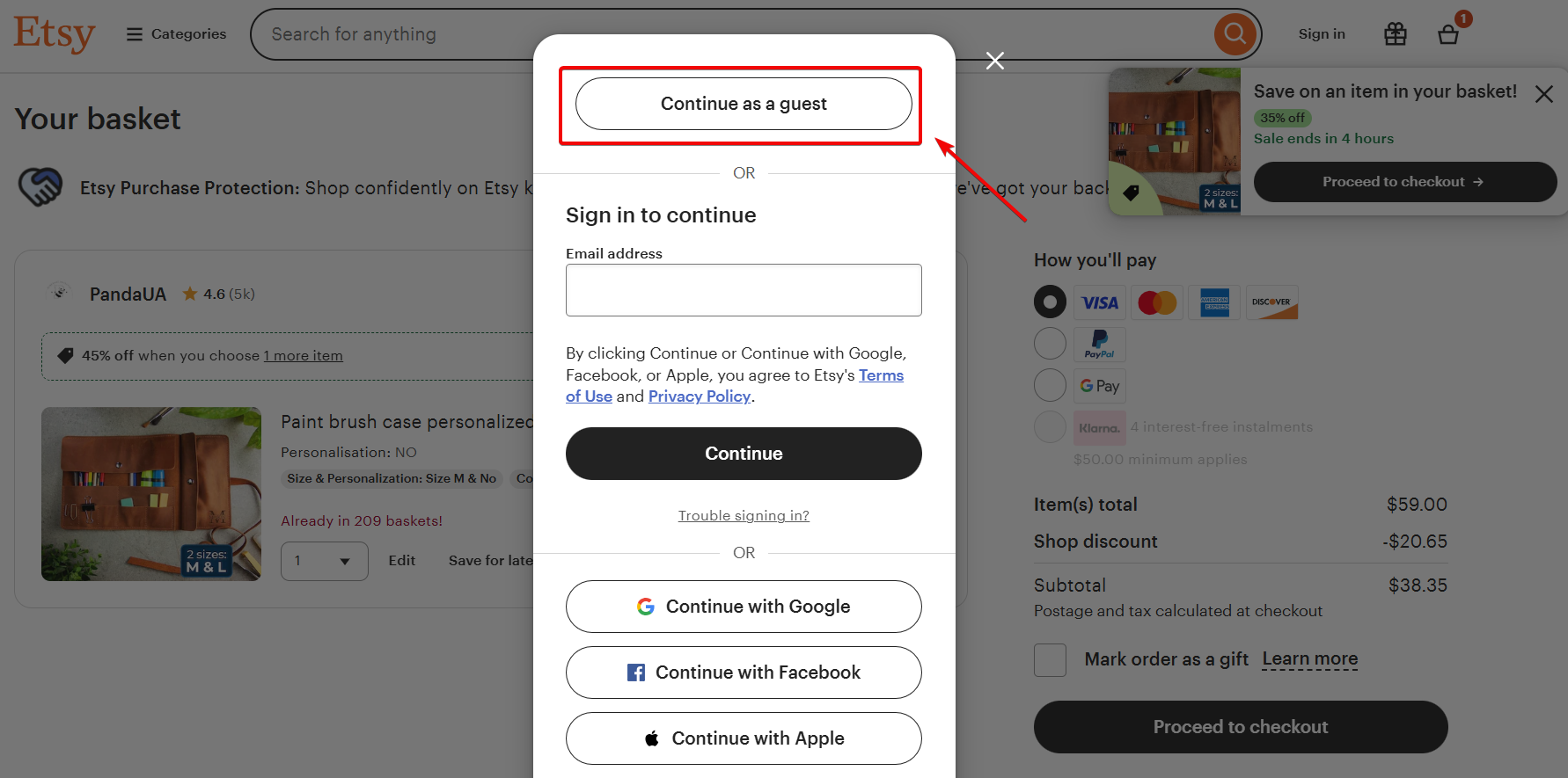 Etsy guest checkout page