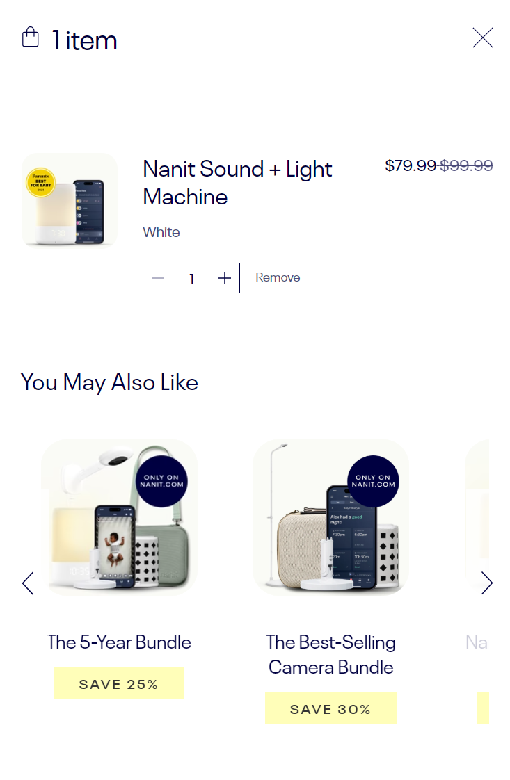 Cart page upsell example from Nanit