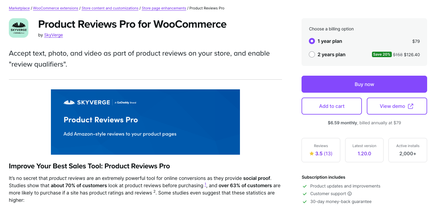 Product Reviews Pro for WooCommerce page