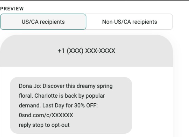Promotional SMS example from Dona Jo