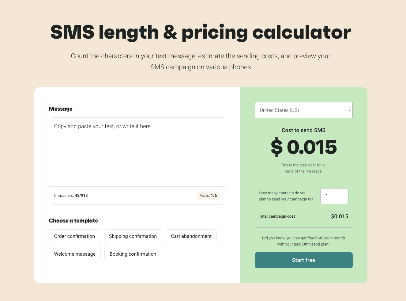 SMS length and pricing calculator