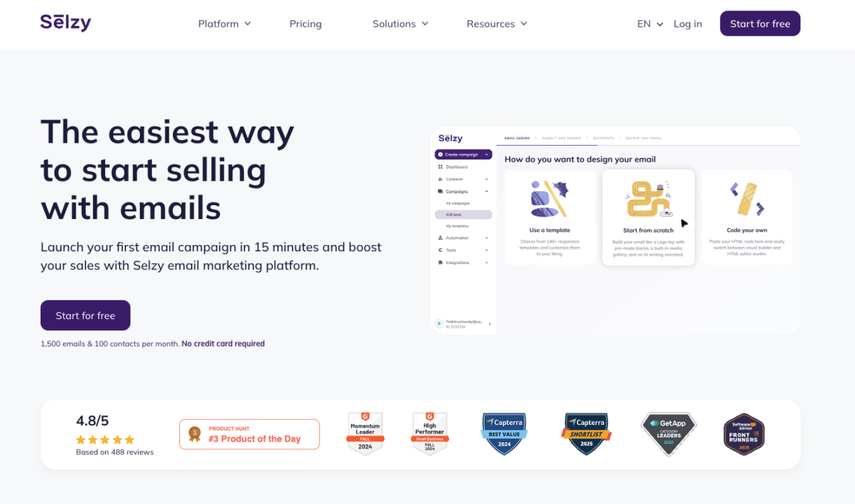 home page of selzy.com