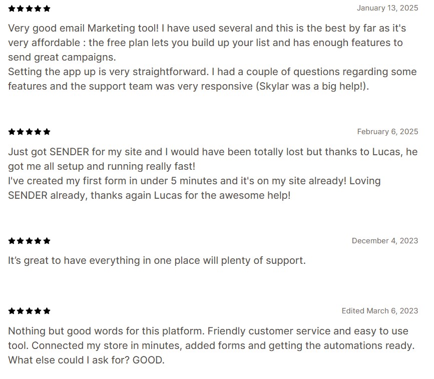 Sender reviews