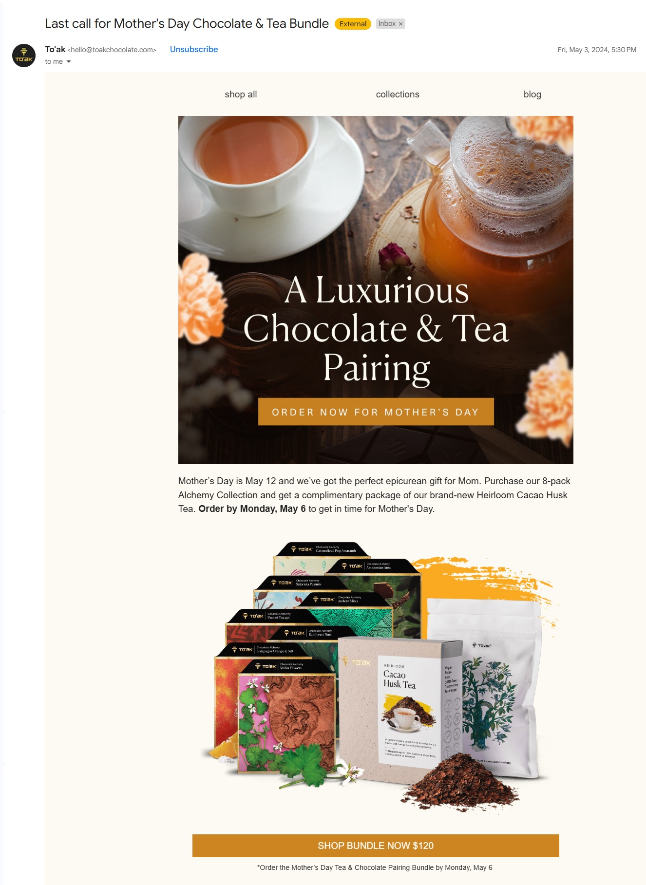 Mother's Day subject line with urgency | To'ak
