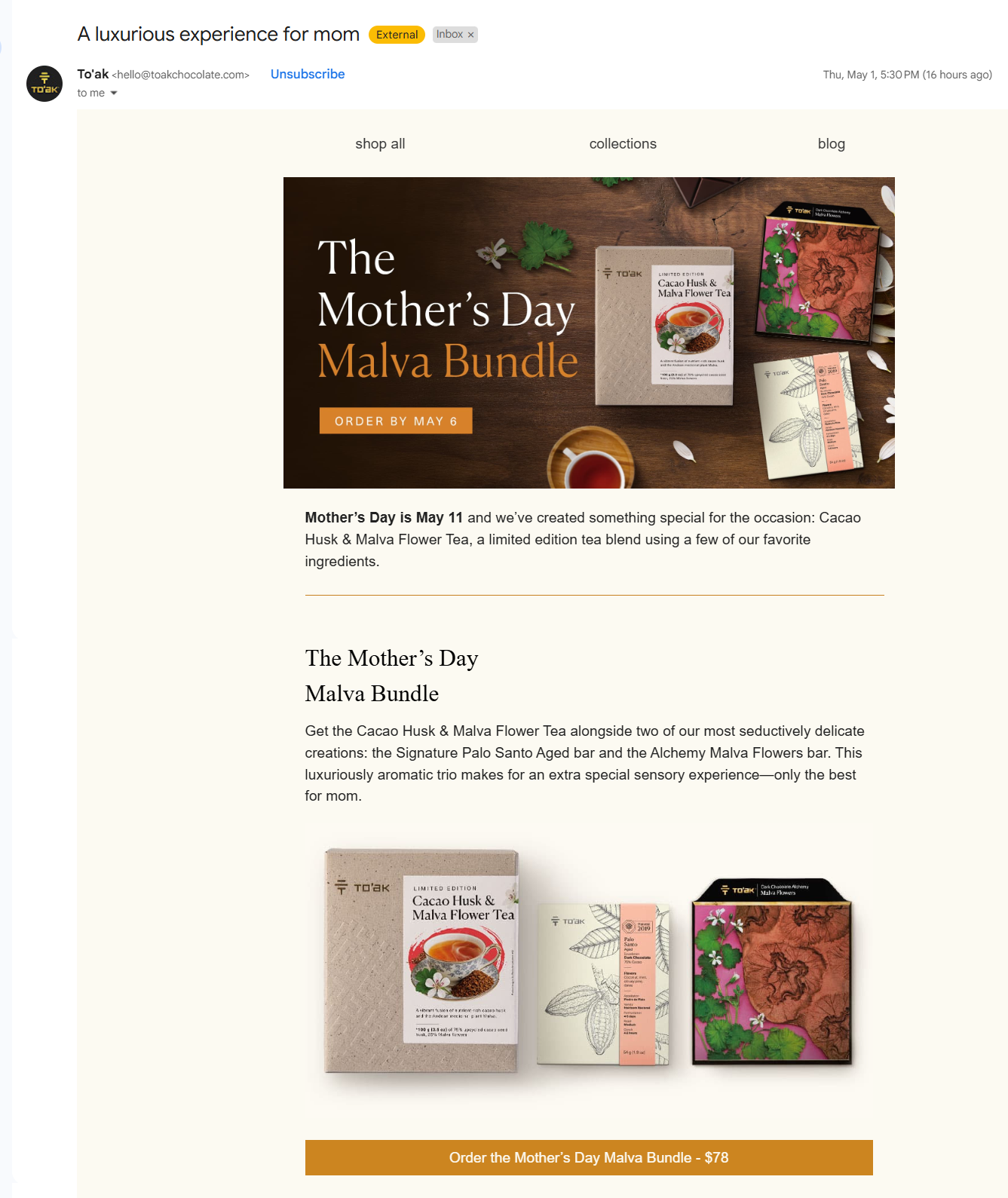 Mother's Day subject lines with gift ideas | To'ak
