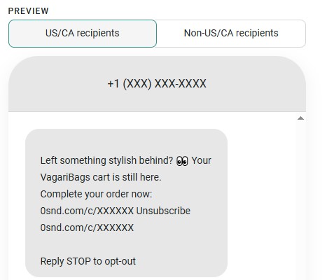 Cart abandonment reminder SMS example