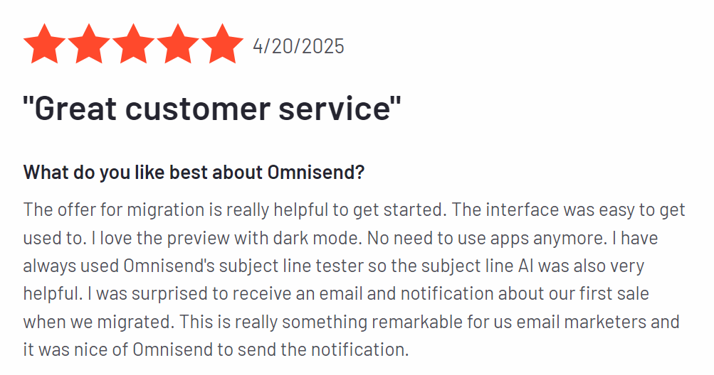 Review the G2 user about Omnisends' great customer service