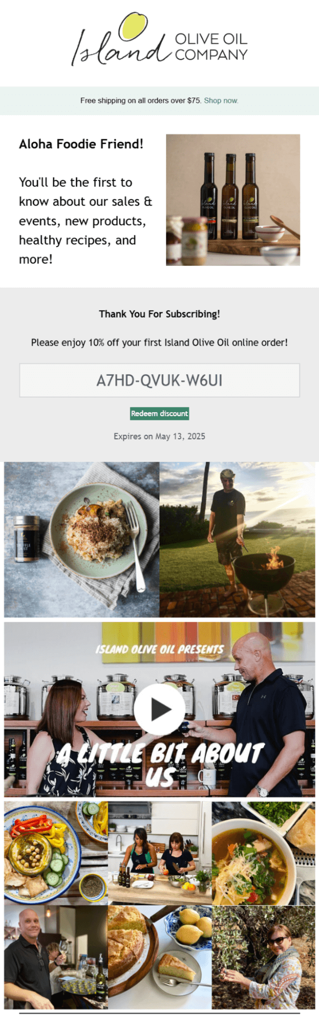 Welcome email example from Island Olive Oil Company