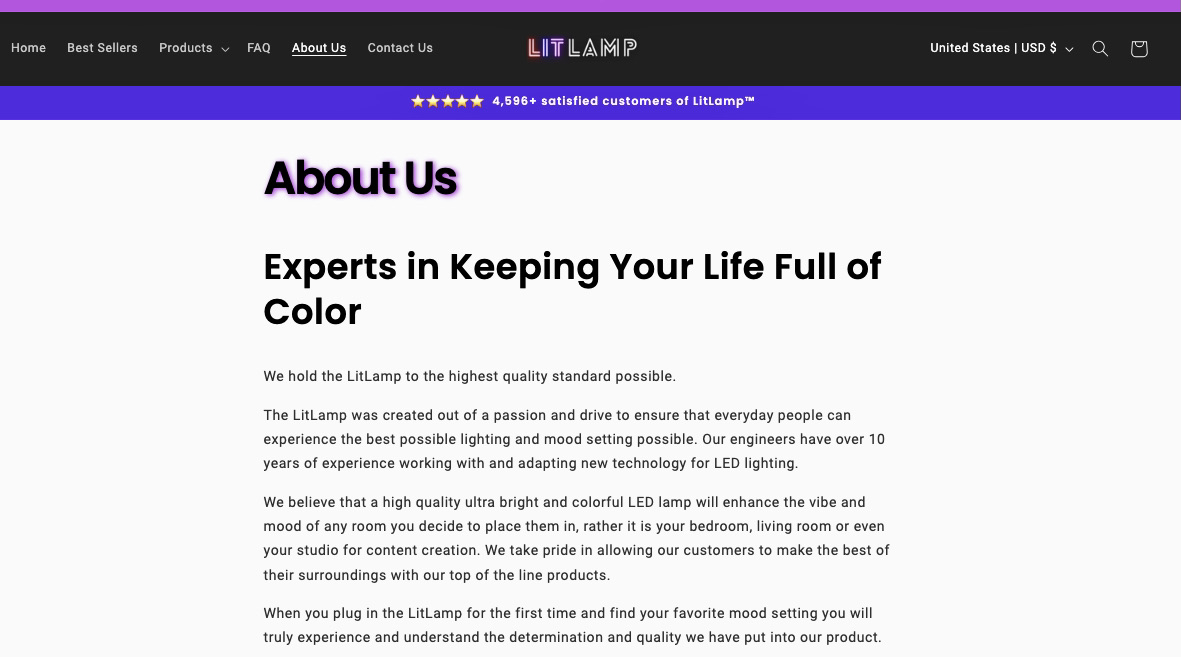 Lit Lamp about us page