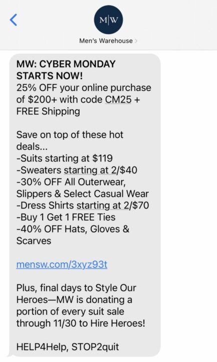 Men’s Wearhouse sends bulk SMS to customers with Cyber Monday deals