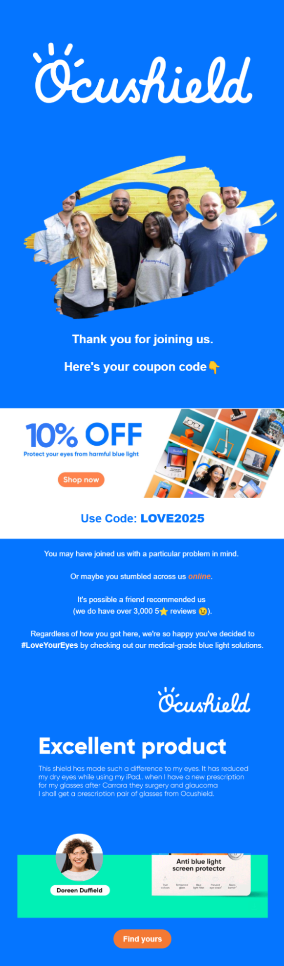 Welcome email example from Ocushield