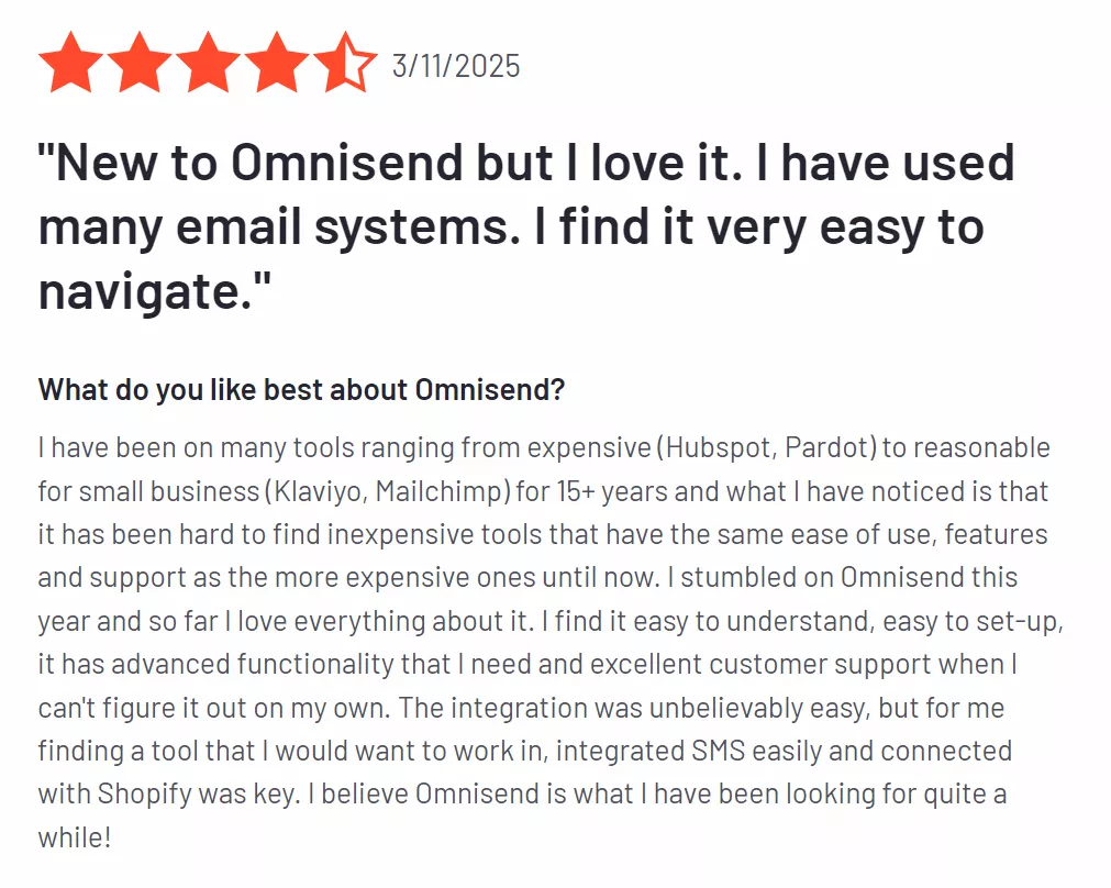 G2 user review about Omnisend