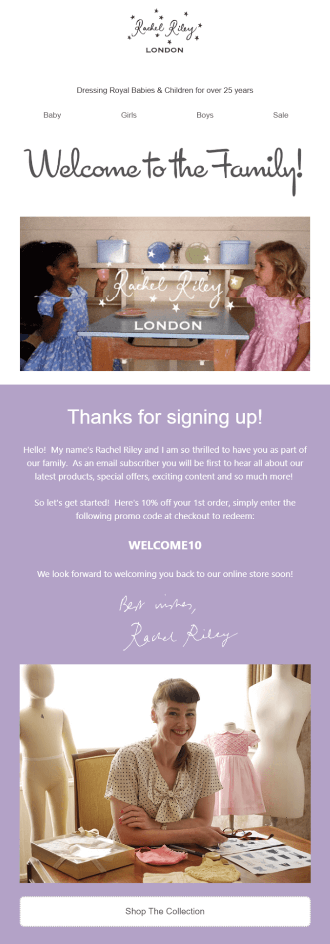 Thanks for signing up email example from Rachel Riley