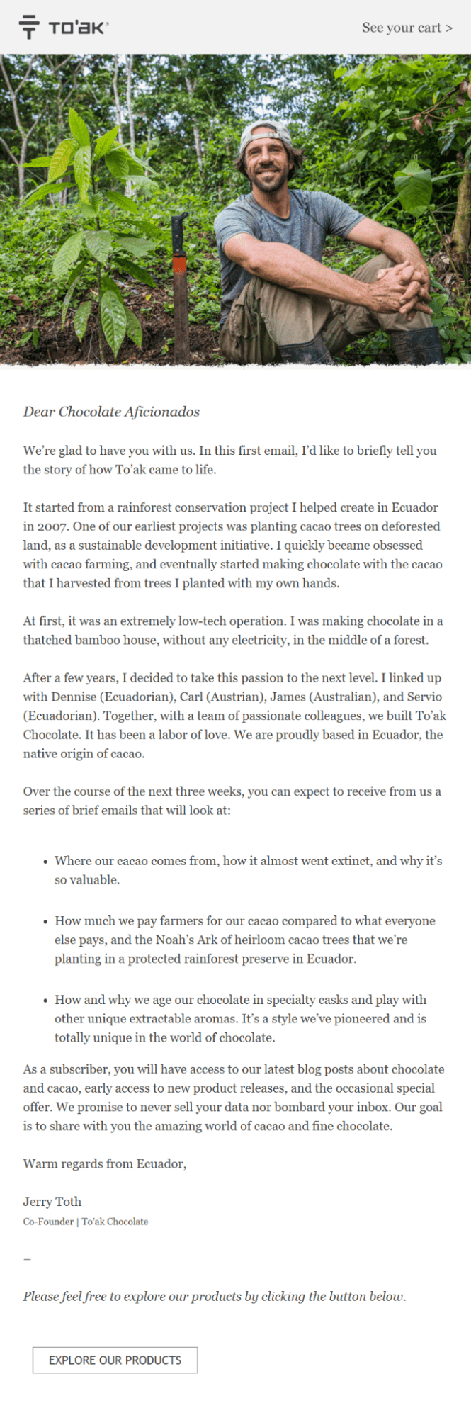 Welcome email example from To'ak Chocolate