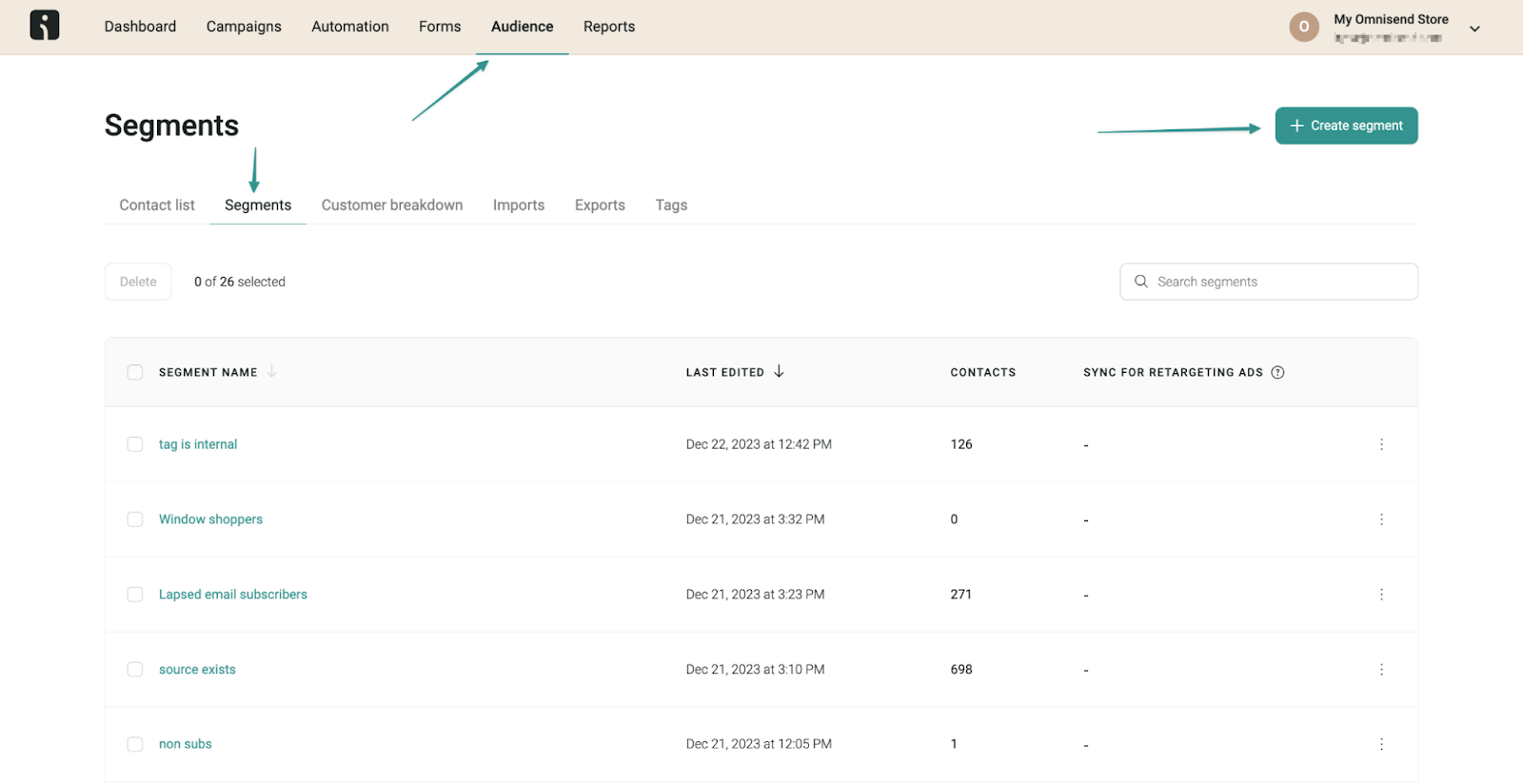 segment creation example on Omnisend
