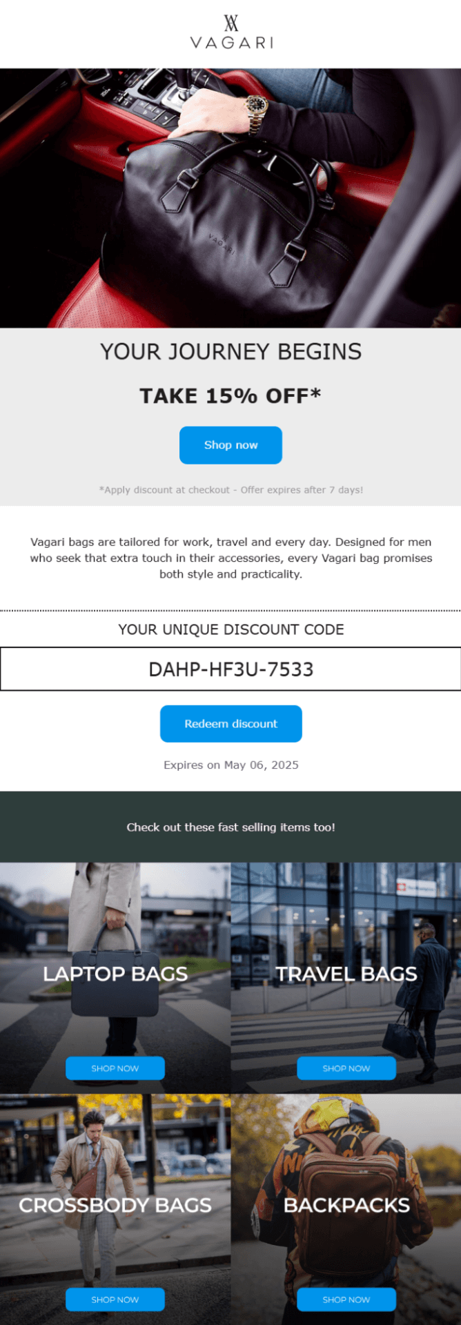Welcome email example from Vagari Bags