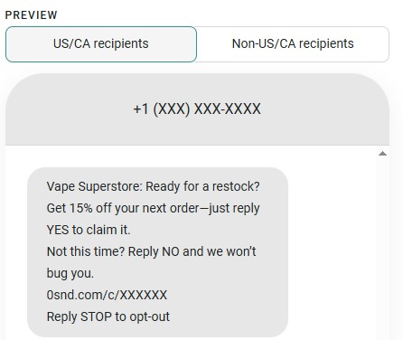 Conversational SMS example from Vape Superstore