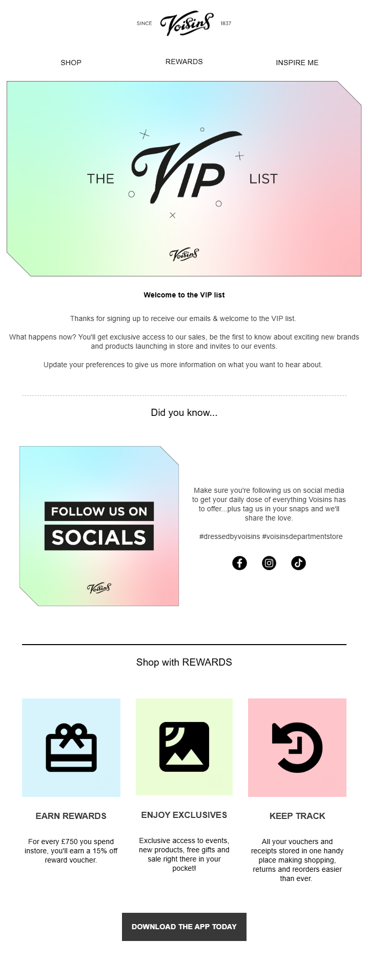Voisins welcome to VIP list email example