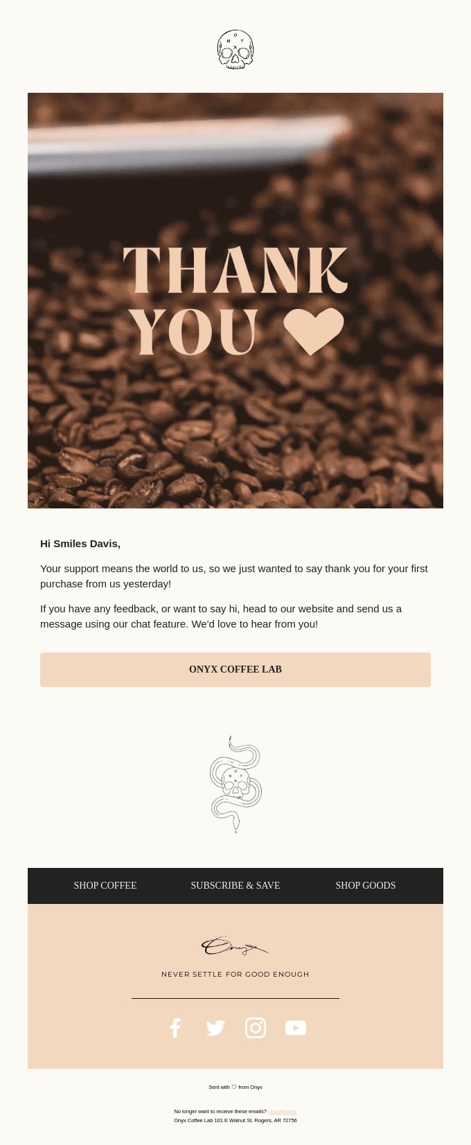 Post-purchase emails: Thank you email example