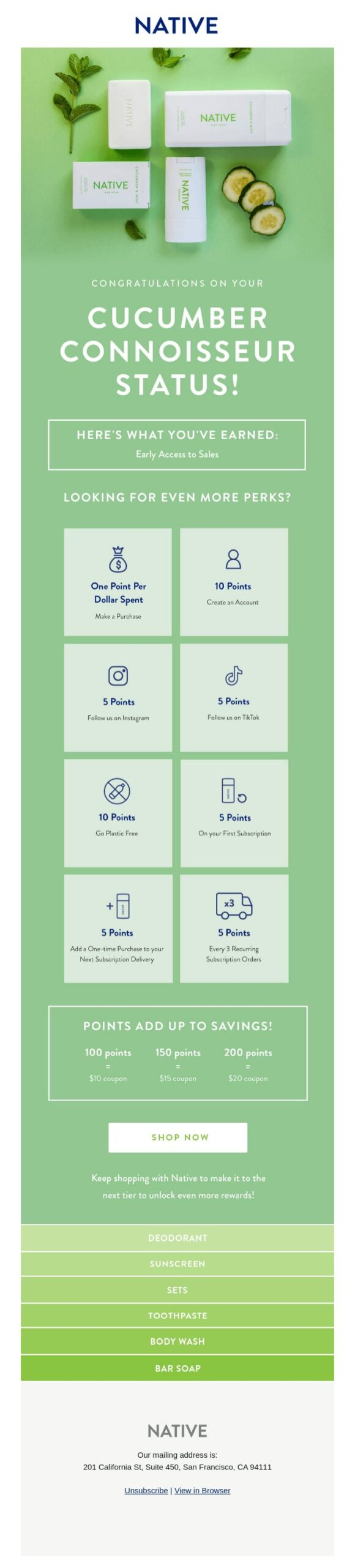 Post-purchase emails: Loyalty program email example