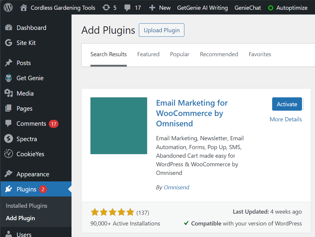 Activating Omnisend plugin