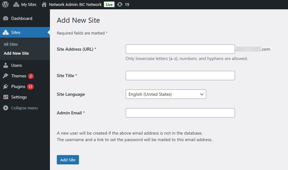 Add new sites on WordPress