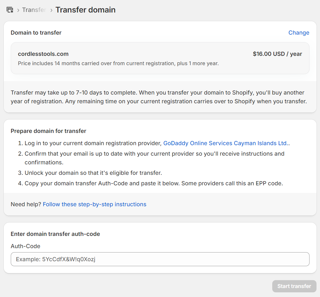 Entering domain authorization code