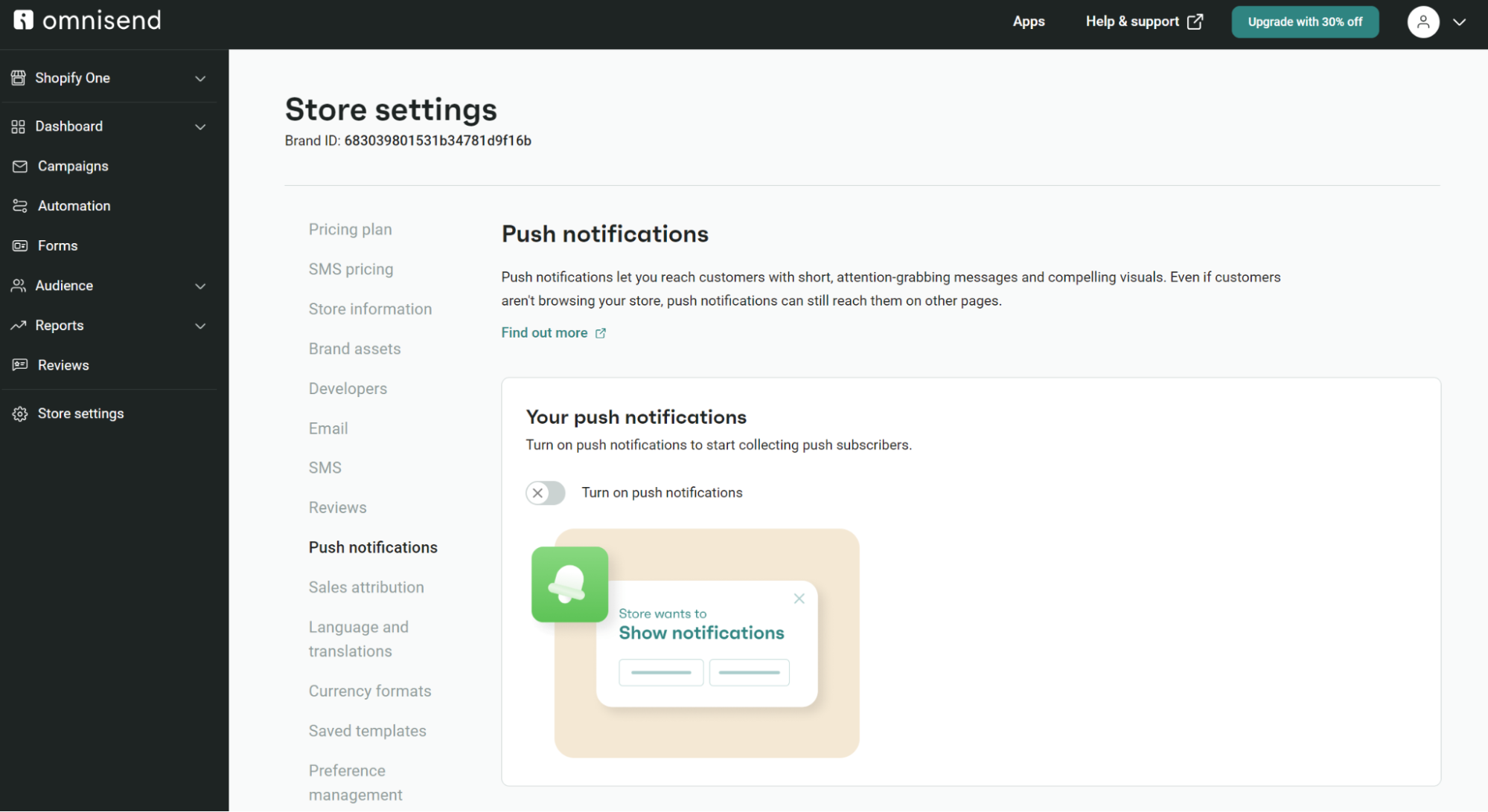 Push notifications in Omnisend settings