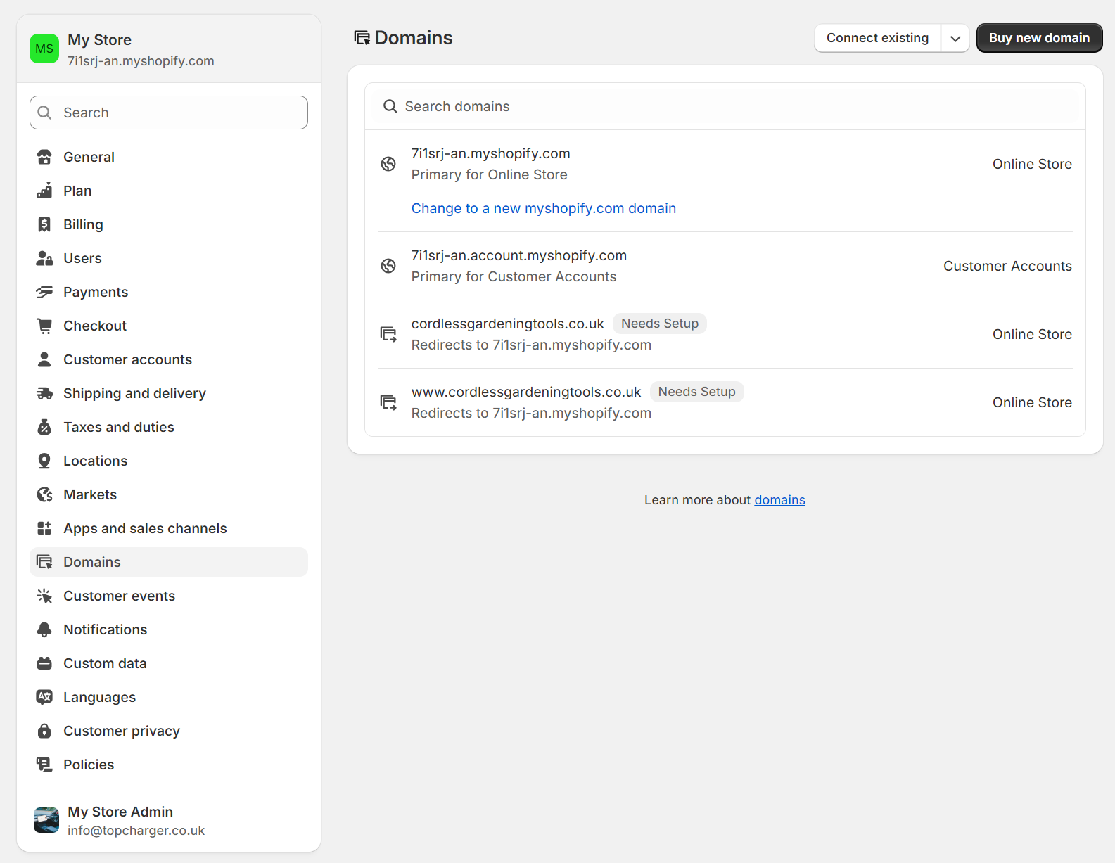 Shopify domain settings