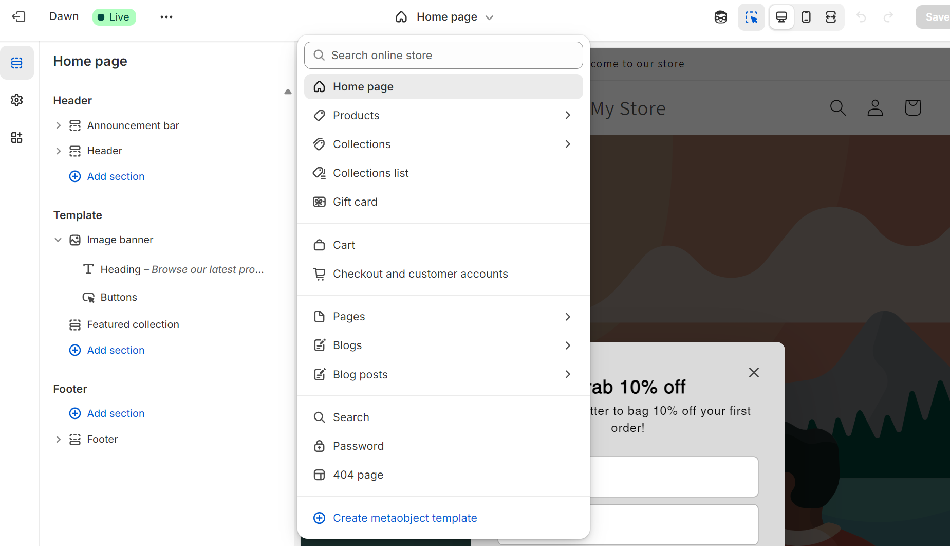 Shopify home page editor