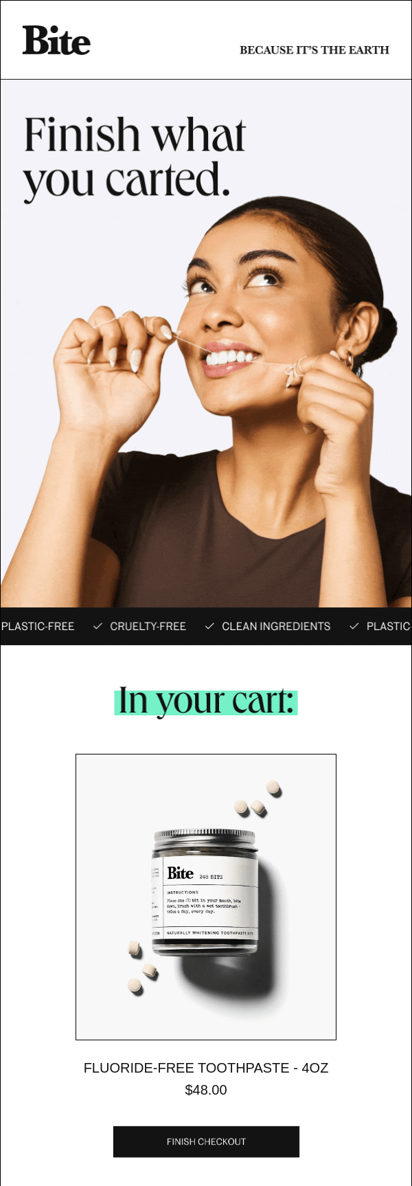 Abandoned cart email example from Bite
