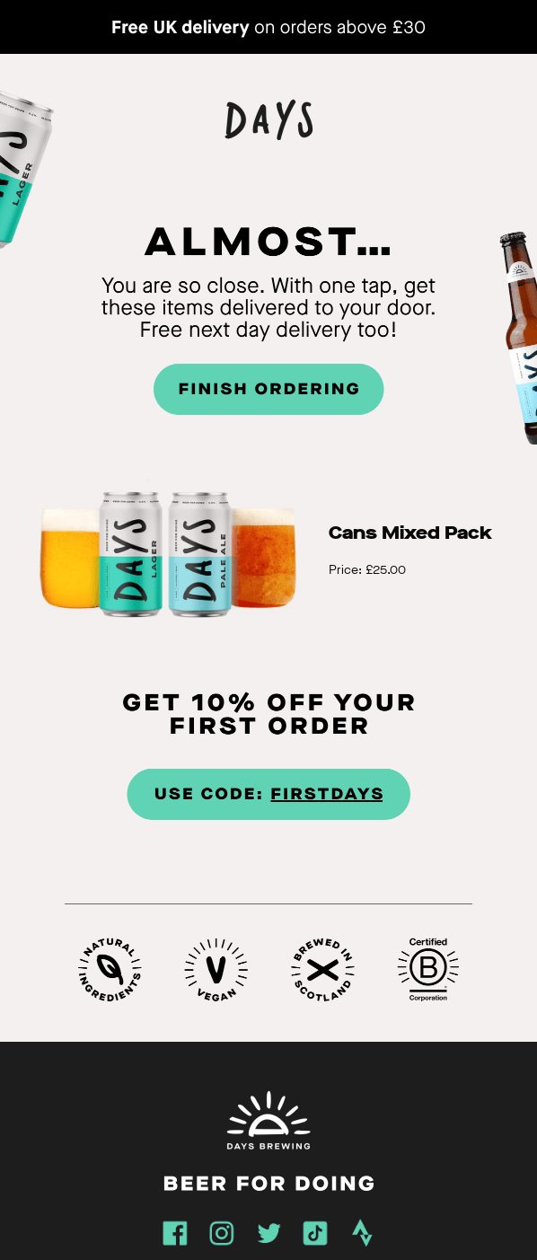 Abandoned cart email example from Days Brewing