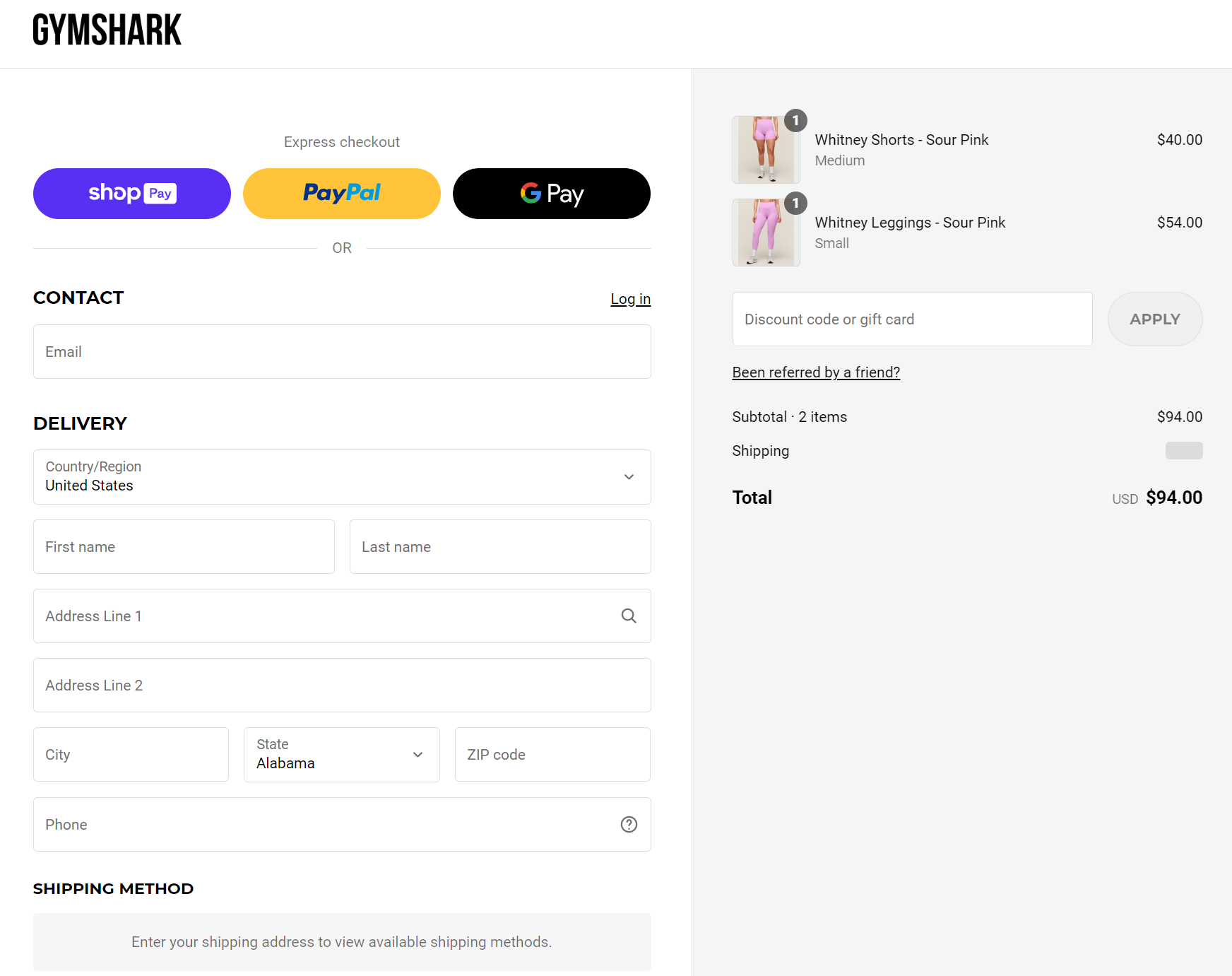 Gymshark checkout page