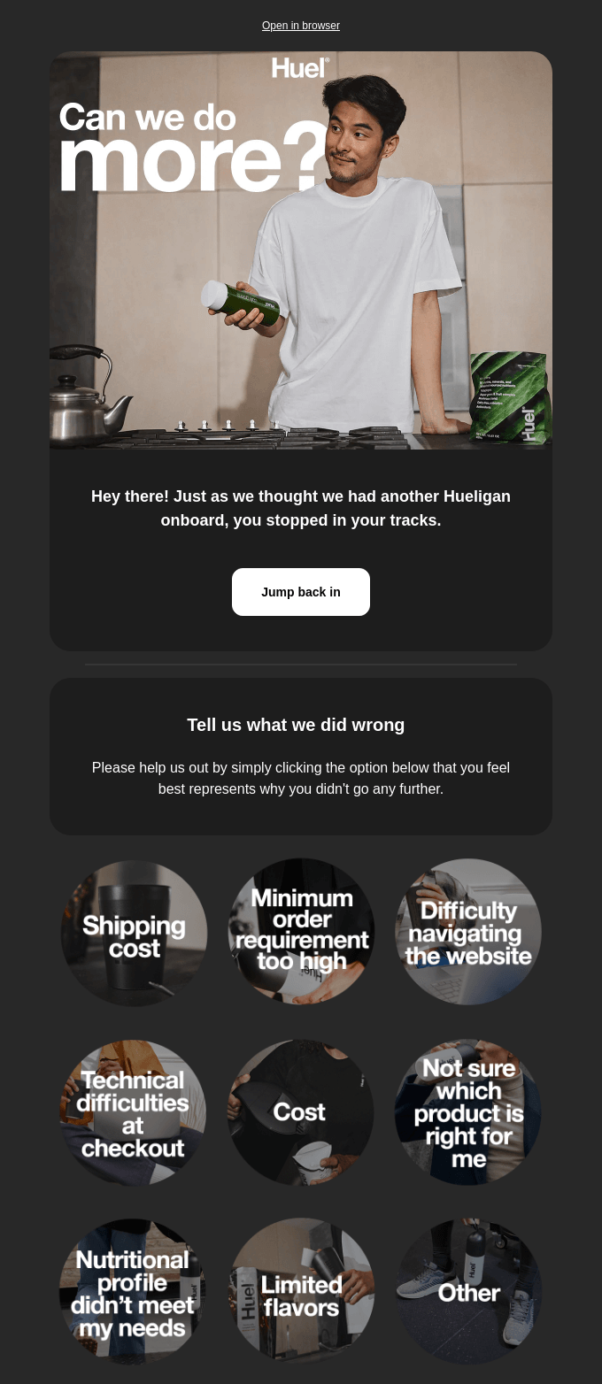 Abandoned cart email example from Huel